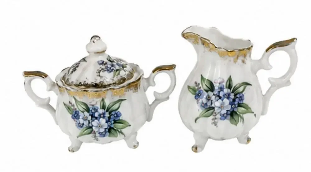 Vintage Forget-Me-Not Porcelain Creamer & Covered Sugar Bowl Set Gold Trim